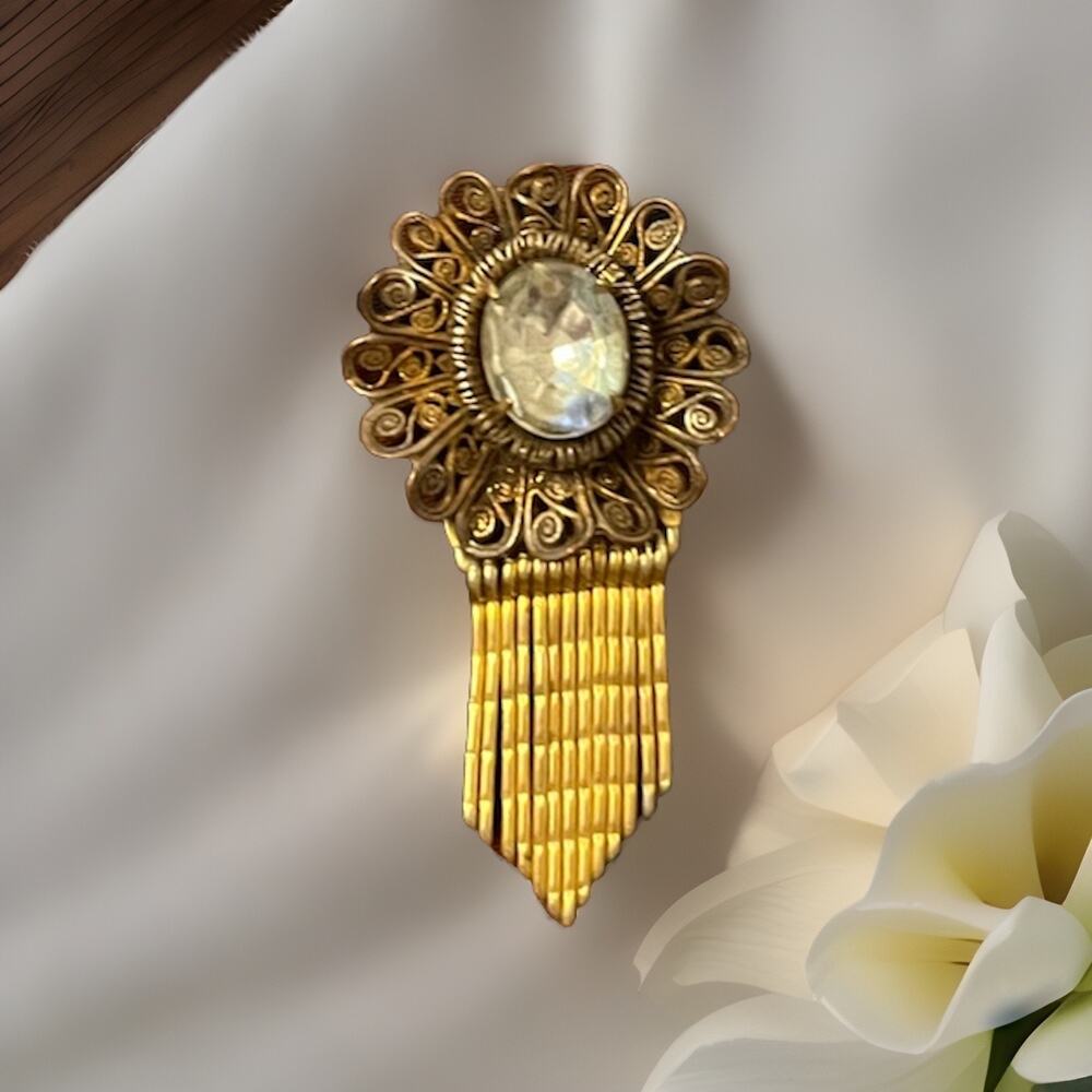 VTG Filigree Pendent Large Rhinestone Crystal Gold Tone Waterfall Bold